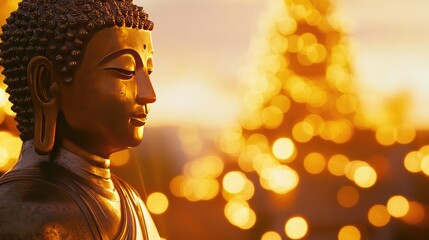 A golden Buddha statue with a warm, soft glow and a backdrop of softly blurred temple lights for a peaceful mood