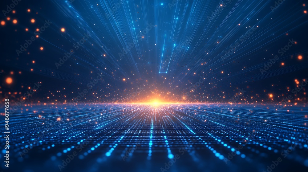 Poster futuristic digital landscape with glowing lights and abstract data visualization, showcasing technol