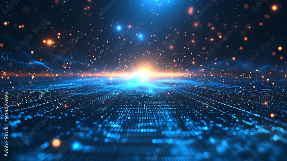 Poster futuristic digital landscape with glowing lights and data grid, representing advanced technology and