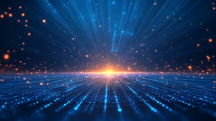Obraz premium Futuristic digital landscape with glowing lights and abstract data visualization, showcasing technology and innovation in a dynamic environment.