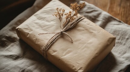 A minimalist gift with a simple brown paper wrap and twine, ideal for a rustic or eco-friendly aesthetic