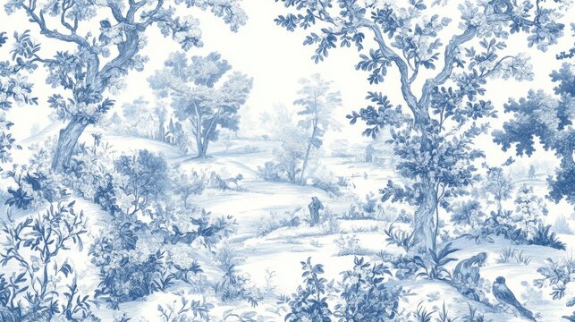 Blue and white toile wallpaper with central copy space