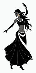 Silhouette of a belly dancer with lehenga wear and long hair is flying in different poses, vector illustration on a white background. Belly dancer. Silhouette of a dancing woman, vector illustration