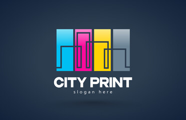 Logo City Print СMYK Polygraphy theme. Silhouette Buildings lines and squares style. Template design vector. Black background.