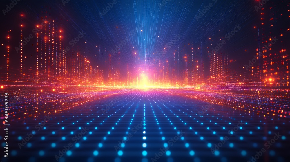 Poster futuristic digital landscape with neon lights and glowing grid. abstract technology and innovation b