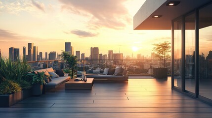 A modern rooftop terrace at sunset, with stylish furniture, plants, and a panoramic city skyline view in the background