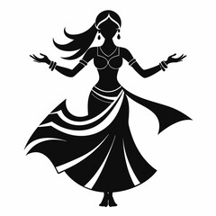 Silhouette of a belly dancer with lehenga wear and long hair is flying in different poses, vector illustration on a white background. Belly dancer. Silhouette of a dancing woman, vector illustration