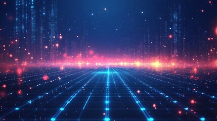 Futuristic digital landscape with vibrant neon lights, grid lines, and sparkling particles creating a virtual reality or cyberspace concept.