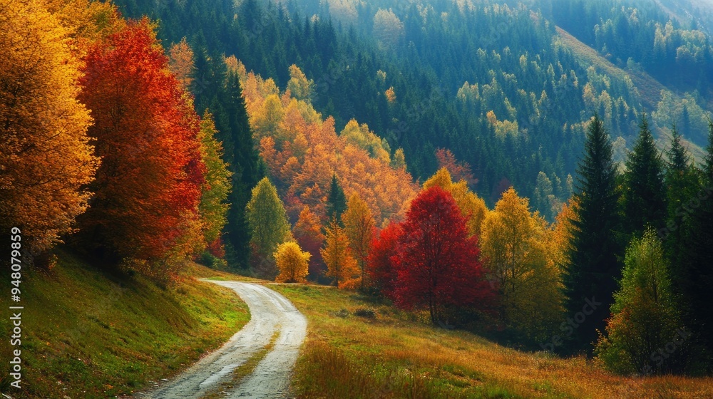 Poster a mountain path lined with trees in various stages of changing from summer green to autumn colors, i