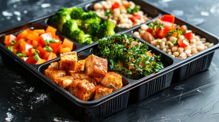 A tray of food with a variety of vegetables and beans