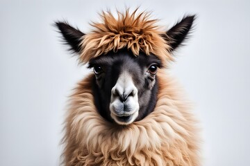 Obraz premium A fluffy llama with a friendly expression posing on a white background, AI Generated