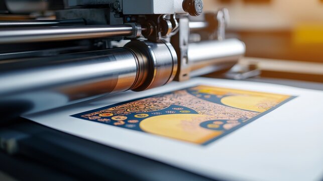 A traditional letterpress machine printing colorful posters with intricate designs