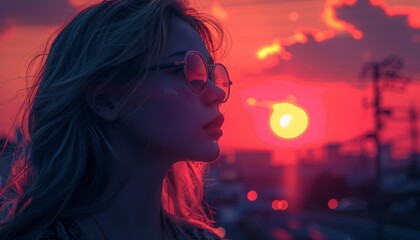 A girl with long straight hair in 80s anime vintage style, alone in a city