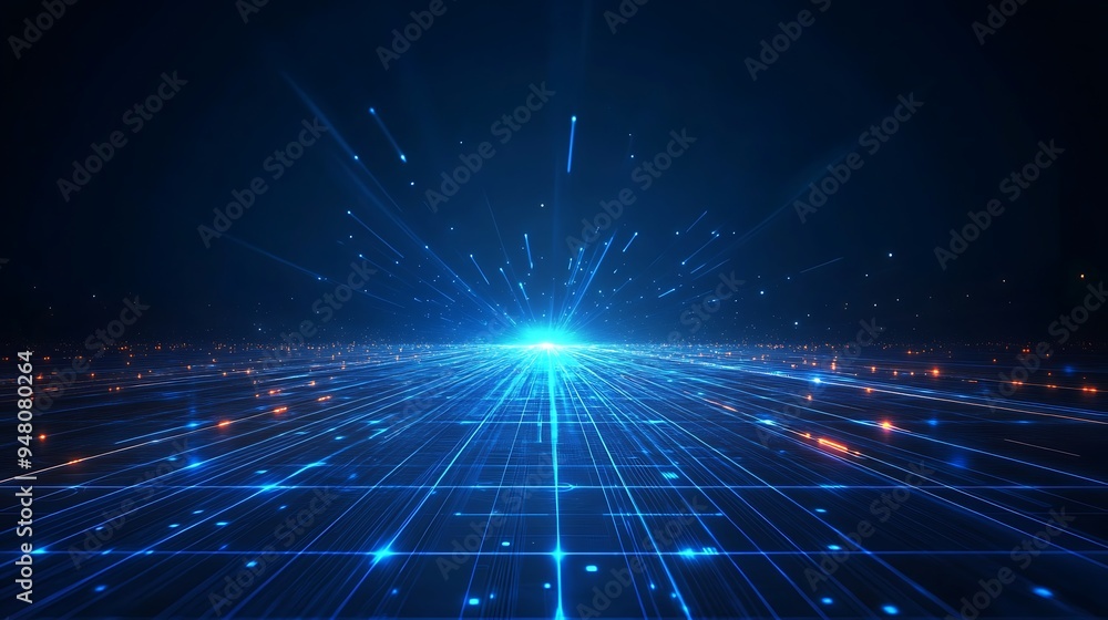 Poster futuristic digital technology background with glowing blue light, grid lines, and abstract data visu