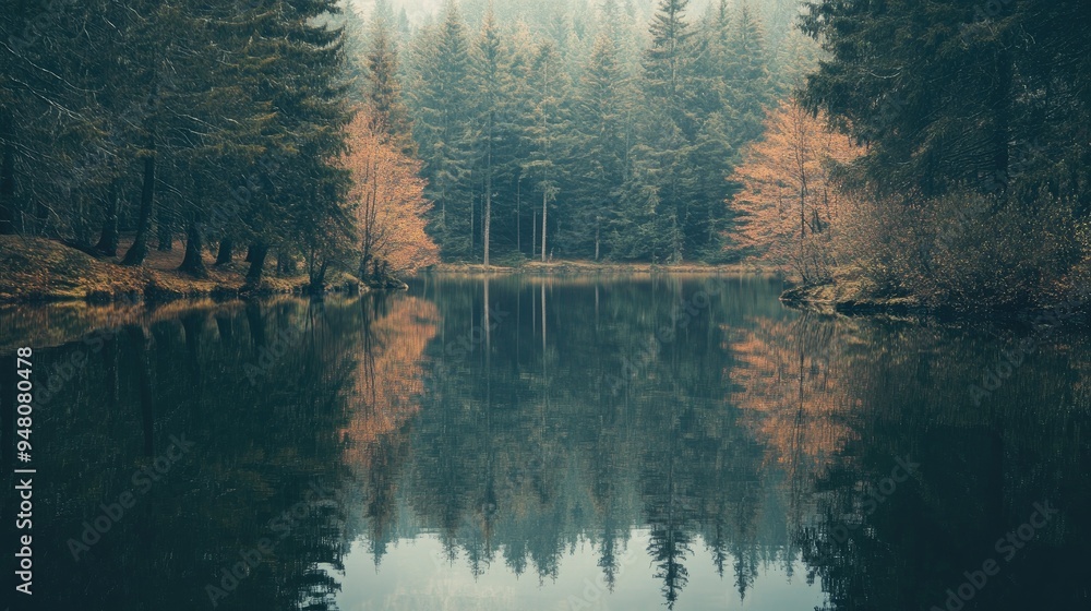 Poster a peaceful forest lake reflecting the surrounding trees, with soft light creating a calm and serene 