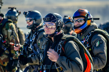 Obraz premium Professional skydivers forming a group in the landing zone, with calm expressions. Generative AI