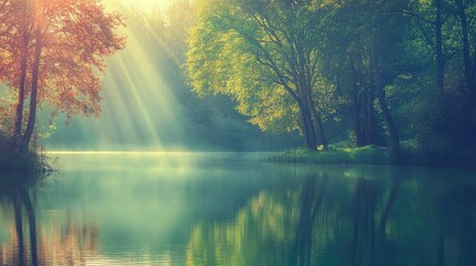 Obraz premium A peaceful lake surrounded by trees in the transition from summer green to autumn colors, with soft sunlight filtering through