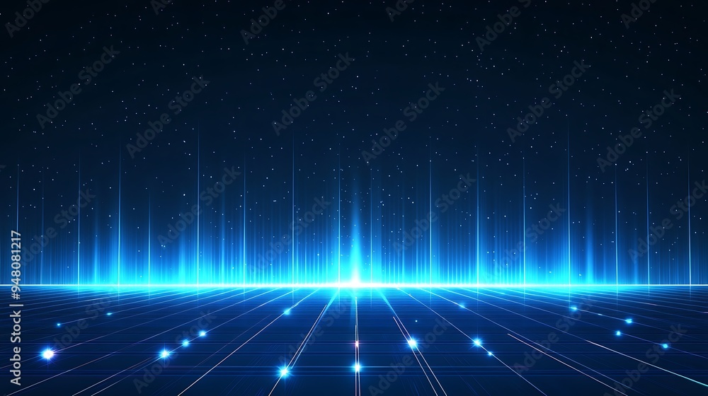 Poster futuristic glowing grid with blue vertical lines and light dots. abstract technology background with