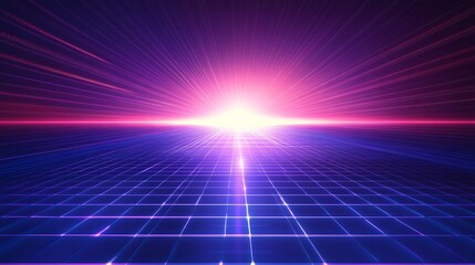 Futuristic glowing sunrise over a digital grid landscape with purple and pink hues, evoking a retro, sci-fi ambiance.