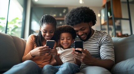 A family enjoying quality time together, engaged with their smartphones while sitting on a cozy couch in a modern living room