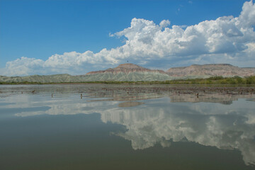 Lake view in spring. Tent camping in Nallıhan bird sanctuary. Trekking by the lake. Nallıhan bird...