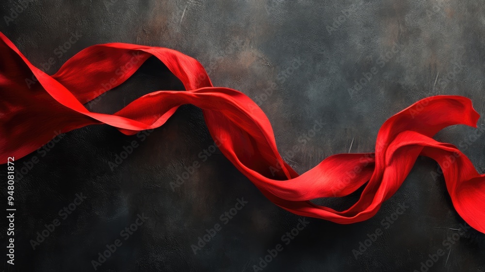 Poster a red ribbon flowing through the air, creating dynamic movement and energy in the composition