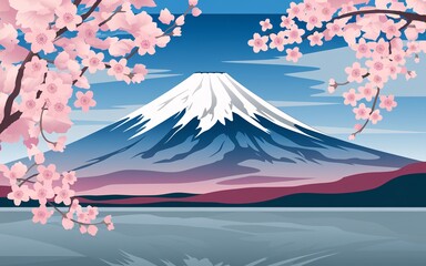 Classic Japanese Woodblock of Mount Fuji with Cherry Blossoms