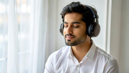 "Indian Person in Tranquil Listening Pose" - An Indian individual in a tranquil state, wearing headphones and focusing on the music.
