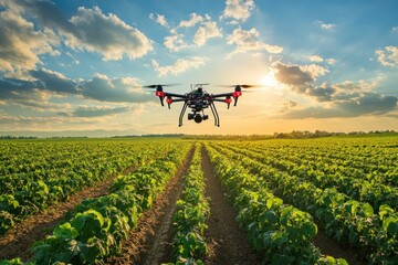 Drone Flying Over a Field of Green Crops at Sunset