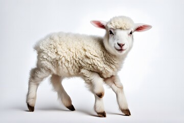 Fototapeta premium A playful lamb with white wool hopping on a white background, Ai Generated
