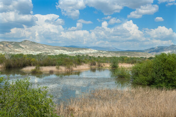 Lake view in spring. Tent camping in Nallıhan bird sanctuary. Trekking by the lake. Nallıhan bird...