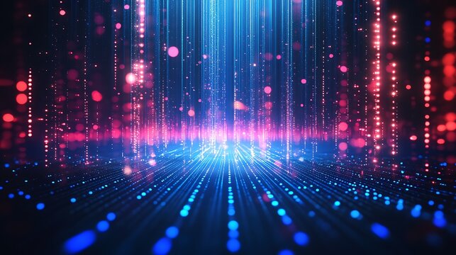 Vibrant neon lights and futuristic digital landscape with glowing blue and pink lines creating a mesmerizing visual effect.