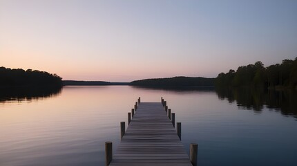 Obraz premium A serene lakeside scene at dusk, with a wooden pier leading out into calm waters reflecting the soft colors of the sunset. Please let me know if you have any further questions or concerns!