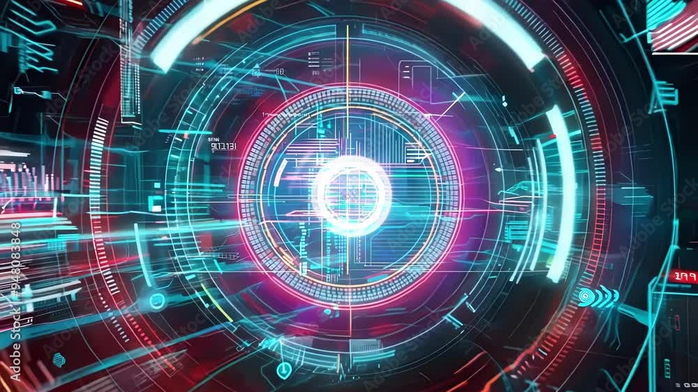 Poster camera lens is recording a colorful and futuristic data stream with graphs and analytics, suggesting