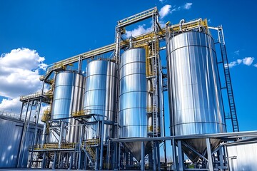 Modern industrial facility with shiny metallic silos under a bright blue sky, showcasing agriculture grain storage