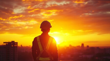 Fototapeta premium The scene is serene and peaceful, with the worker's helmet