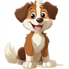 Cute cartoon puppy with brown and white fur sitting and smiling.