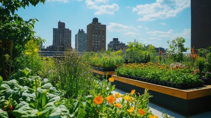 Obraz premium A rooftop garden full of lush green plants and flowers, offering a serene escape in an urban setting under a clear blue sky