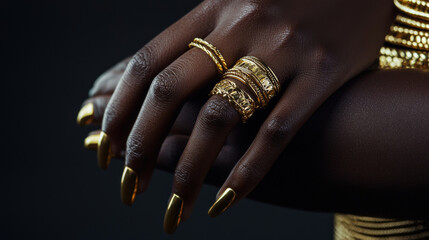 A woman is wearing a gold ring and a gold nail polish