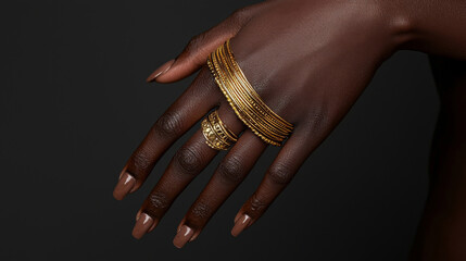 A woman is holding her hand up to show off her gold bangles and ring