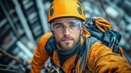High-Rise Construction Worker Ensuring Safety Compliance. Construction worker in a hard hat and harness focuses on safety compliance while working on a high-rise building site.