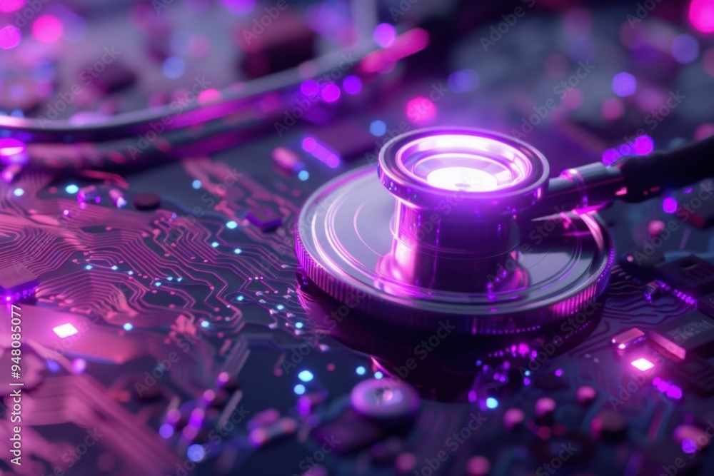 Poster abstract representation of healthcare technology with a stethoscope on a circuit board background in