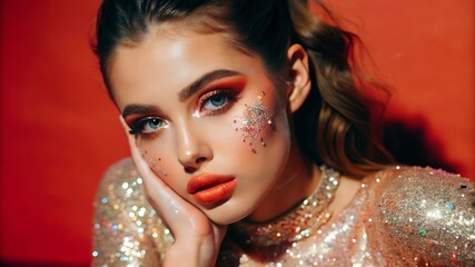 Fototapeta premium Beautiful Stylish Young Woman With Glitter Makeup Posing Isolated on Coral