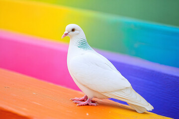 Obraz premium A white dove perched on a colorful rainbow bench, standing out against the vibrant colors of the wooden slats 