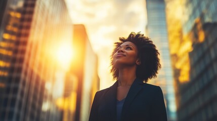 Successful Black Woman Gazing at Modern Skyline