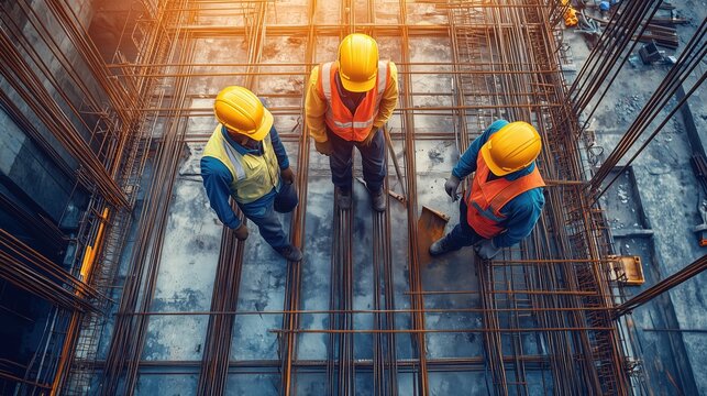 Team of Engineers Planning Rebar Layout for Building. Top-down view of three construction engineers discussing the rebar layout and structural design on a high-rise building construction site.