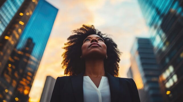 Empowered Female Executive Against City Skyscrapers