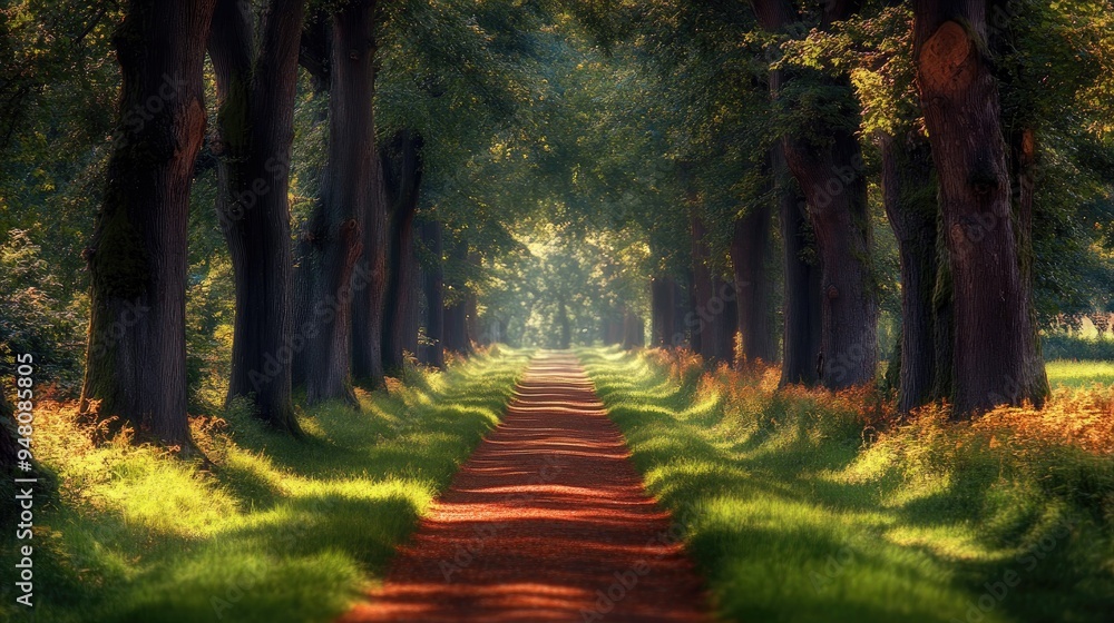 Poster a serene forest path lined with towering trees, dappled sunlight creating a peaceful and inviting sc