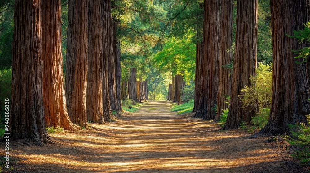 Poster a serene forest path lined with towering trees, dappled sunlight creating a peaceful and inviting sc