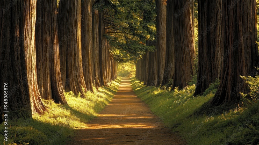 Poster a serene forest path lined with towering trees, dappled sunlight creating a peaceful and inviting sc